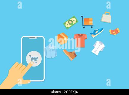 Acquista online concept, merci nel carrello isolato su blu. Vettore stock Illustrazione Vettoriale