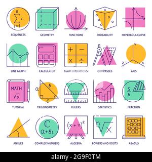 Icona matematica impostata in stile linea. Collezione di simboli matematici. Illustrazione vettoriale. Illustrazione Vettoriale