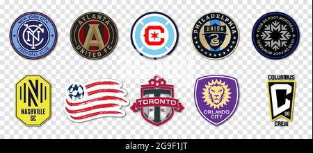 Vinnytsia, Ucraina - 23 luglio 2021. Set di logo calcistico. New England Revolution, Orlando City, Philadelphia Union, Nashville SC, Club de Foot Montréa Illustrazione Vettoriale