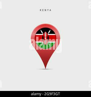 Cartografia a goccia con bandiera del Kenya. Bandiera keniota inserita nel pin della mappa della posizione. Illustrazione vettoriale 3D isolata su sfondo grigio chiaro. Illustrazione Vettoriale