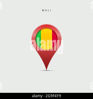 Cartografia a goccia con bandiera del Mali. Bandiera maliana inserita nel pin della mappa della posizione. Illustrazione vettoriale 3D isolata su sfondo grigio chiaro. Illustrazione Vettoriale