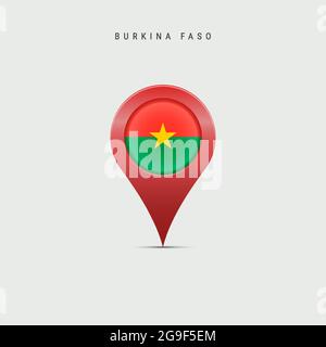 Cartografia a goccia con bandiera del Burkina Faso. Flag volta superiore inserito nel pin della mappa della posizione. Illustrazione vettoriale 3D isolata su sfondo grigio chiaro Illustrazione Vettoriale