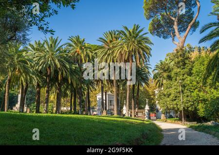 Bellissimo parco verde europeo a Villa Torlonia a Roma, Italia con sentieri, alberi e prati. Foto Stock