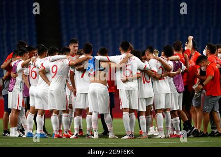 Tokyo, Giappone. 25 luglio 2021. Team Mexico, MEX, team circle, motivazione, cospirazione, Giappone JPN - Messico MEX 2: 1 Calcio uomini Gruppo A Calcio uomini Gruppo a al Saitama Stadium SAITAMA 25.07.2021 Giochi Olimpici estivi 2020, dal 23.07. - 08.08.2021 a Tokyo/Giappone. Credit: dpa/Alamy Live News Foto Stock