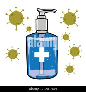 Gel igienizzante per le mani disinfettante anti Coronavirus Design con modello vettoriale a icone Coronavirus Illustrazione Vettoriale