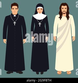sacerdote, suora e gesù cristo, illustrazione della religione cattolica Illustrazione Vettoriale