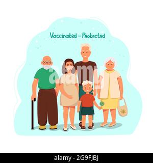 Famiglia dopo la vaccinazione, vaccinata - protetta. Caratteri cartoni animati vettoriali. Illustrazione piatta Illustrazione Vettoriale