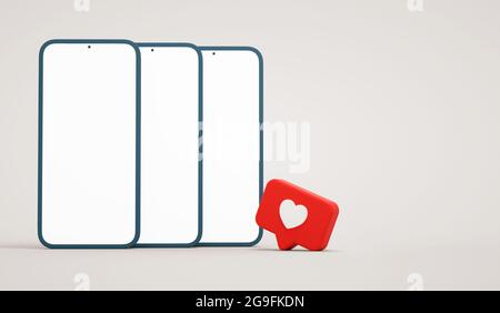 Tre telefoni mockup schermo vuoto con il pulsante cuore dei social media. Display cellulare per un modello di presentazione realistico in 3D rendering Foto Stock