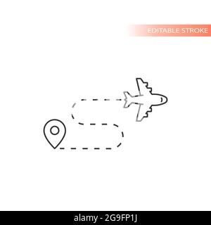 Percorso di volo in aereo con l'icona del vettore pin di posizione. Contorno, tratto modificabile. Illustrazione Vettoriale
