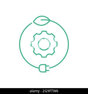 Icona verde del settore. Cerchio interno ingranaggio con lamella e spina elettrica. Simbolo dell'energia ecologica. Business responsabile dell'ambiente. Illustrazione vettoriale. Illustrazione Vettoriale