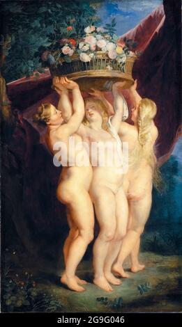 Le tre grazie con un cesto di rose, dipinto dalla bottega di Peter Paul Rubens e Jan Brueghel il giovane, 1620-1625 Foto Stock