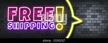 Spedizione gratuita del testo al neon sullo sfondo della pietra. Spedizione gratuita. Per il commercio, il marketing e la pubblicità. Vettore su sfondo isolato. EPS 10. Illustrazione Vettoriale