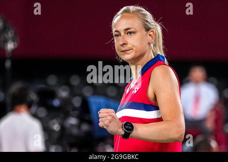 TOKYO, GIAPPONE - LUGLIO 26: Selena PIEK dei Paesi Bassi in competizione sul palco del Women's Doubles Group Play - Gruppo B durante i Giochi Olimpici di Tokyo 2020 al Musashino Forest Plaza il 26 luglio 2021 a Tokyo, Giappone (Foto di Yannick Verhoeven/Orange Pictures) NOCNSF Foto Stock