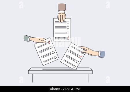 Concetto di voto internazionale e di elezioni. Mani di persone multietniche che mettono i voti in una casella di voto facendo la scelta vettore illustrazione Illustrazione Vettoriale