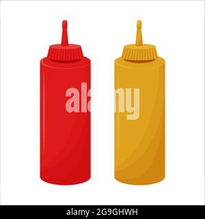 Ketchup e senape isolati su sfondo bianco in oggetti di scorta di stile piatto. Bottiglie in plastica di colore rosso e giallo. Tubetto con salsa per fast food. Illustrazione vettoriale Illustrazione Vettoriale