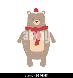 Orso carino ed elegante in sciarpa e cappello in stile scandinavo isolato su sfondo bianco. Carattere di Natale per il saluto. Illustrazione vettoriale Illustrazione Vettoriale