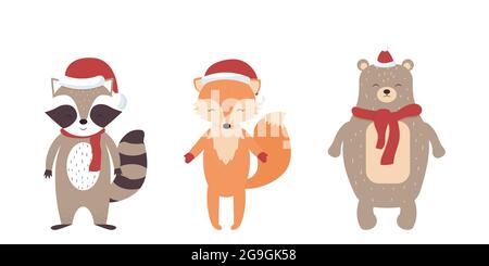 Set di carini animali scandinavi volpe, racoon, orso in cappelli di Natale e sciarpe isolato su sfondo bianco. Decorazioni eleganti per le vacanze. Illustrazione vettoriale Illustrazione Vettoriale