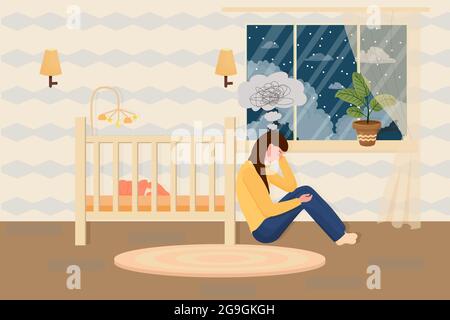 Concetto di depressione postpartum in stile piatto. Stanca, triste madre, donna seduta sul pavimento vicino male con il bambino addormentato. Problema di psicologia, difficoltà del genitore. Illustrazione vettoriale Illustrazione Vettoriale