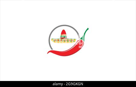 Peperoncino rosso con illustrazione del disegno del logo dell'icona del cappello messicano Illustrazione Vettoriale
