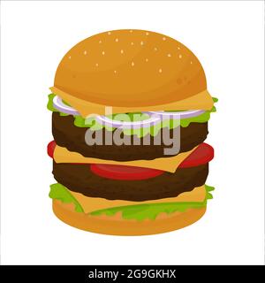 Dettaglio cheeseburger doppio isolato su sfondo bianco. Menu fast food, pasto da asporto, gustoso hamburger grande e classico. Un oggetto, clipart. Illustrazione vettoriale Illustrazione Vettoriale