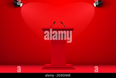 annuncio rosso podio e microfono con riflettori nella stanza rossa Illustrazione Vettoriale