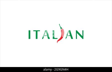 Logo tipografico italiano verde con simbolo di disegno vettoriale del peperoncino rosso Illustrazione Vettoriale