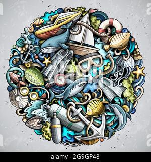 Diving cartoon vettore Doodles illustrazione. Design poster per sport acquatici. Illustrazione Vettoriale