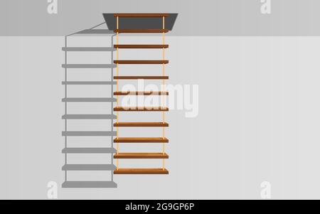 scala pensile in legno con luce sul soffitto bianco Illustrazione Vettoriale