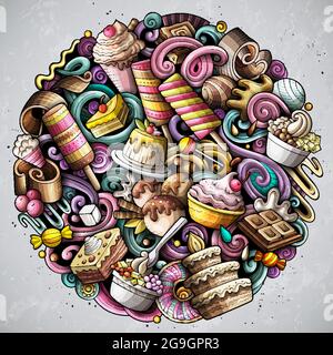 Illustrazione dei doodles del vettore di cartone animato di cibo dolce. Dessert dal design rotondo. Elementi di confezione e sfondo di oggetti. Colori luminosi immagini divertenti. Tutto questo Illustrazione Vettoriale