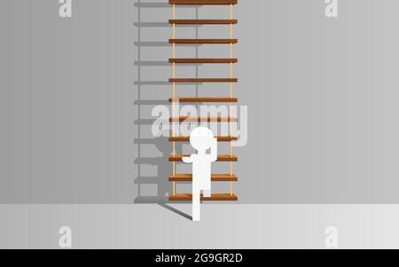 uomo bianco sulla scala in legno e luce nella stanza bianca Illustrazione Vettoriale