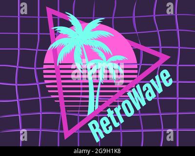 Retrò sci-fi 80s palme al tramonto retrò. Sole futuristico con palme. Una realtà virtuale. Stile Synthwave e retroonda. Sfondo per la stampa, adv Illustrazione Vettoriale