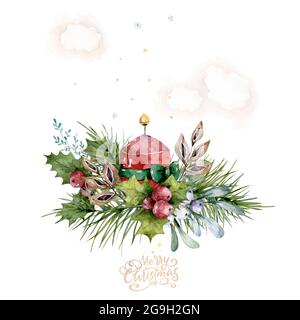 Candele di Natale acquerello con fiori invernali. Illustrazione isolata disegnata a mano Foto Stock