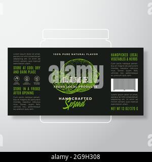 Frappè di frutta artigianale o modello di etichetta di marmellata. Layout di progettazione di packaging vettoriale astratto. Banner tipografico moderno con fetta disegnata a mano e lime intero Illustrazione Vettoriale