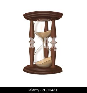 Vintage clessidra. Immagine disegnata a mano in vetroresina. Vetro sabbiato pieno a metà. Telaio di legno, sabbia cadente, per decorazione,, fotoricettore, disegno, stampa acade scuro Foto Stock