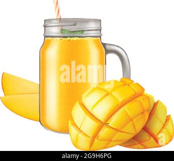 Frullato di mango fresco in una tazza di vaso di mason isolato su sfondo bianco. Illustrazione vettoriale fotorealistica. Illustrazione Vettoriale