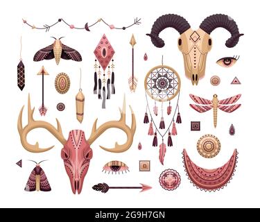 Insieme vettoriale di illustrazioni boho. Stile piatto. Dreamcahers, cranio animale, piume e frecce Illustrazione Vettoriale