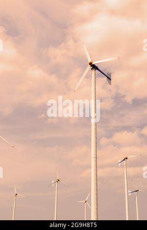 Paesaggio di un mulino a vento a turbina eolica o parco eolico la mattina d'estate. Spettacolari nuvole sul cielo del tramonto sullo sfondo. Concetto di energia pulita. Foto Stock