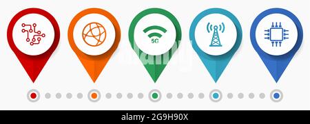 Tecnologia, internet, set di icone vettoriali per concept mobile, puntatori a disegno piatto, modello infografico Illustrazione Vettoriale