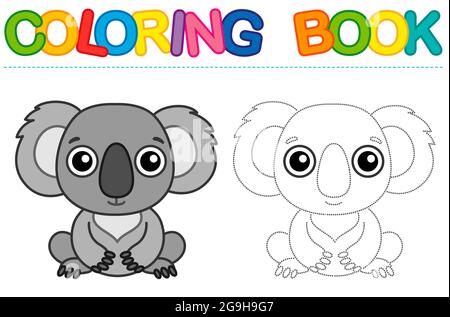 Colorare pagina divertente sorridente koala. Libro didattico di traccia per l'attività dei bambini Illustrazione Vettoriale