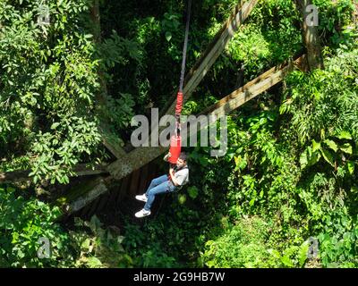 Amaga, Antioquia, Colombia - Luglio 18 2021: L'uomo ispanico Bungee salta con l'imbracatura nel bosco Foto Stock