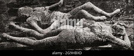 Getti di corpi rinvenuti durante gli scavi a Pompei, Italia. Dopo un disegno in un'edizione 1893 di l'illustrazione. La città fu sepolta da cenere dopo un'eruzione del Vesuvio nel 79 d.C. Nel 1863 l'archeologo italiano Giuseppe Fiorelli fu incaricato degli scavi e vide che alcuni vuoti nello strato di cenere contenevano resti umani. Per citare Wikipedia: 'È stato Fiorelli a realizzare questi spazi lasciati dai corpi decomposti e così escogitare la tecnica di iniezione di gesso in essi per ricreare le forme delle vittime del Vesuvio. Questa tecnica è ancora in uso oggi, con una resina trasparente ora noi Foto Stock