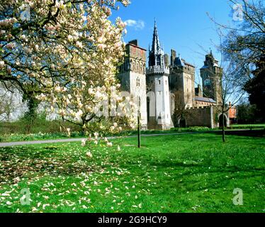 Il Castello di Cardiff da Bute Park, Cardiff, Galles del Sud, Regno Unito. Foto Stock