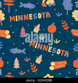 Collezione USA. Illustrazione vettoriale del tema Minnesota. Simboli di stato - motivo senza giunture su blu Illustrazione Vettoriale