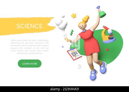 Scienza - banner colorato in stile 3D con posto per il tuo testo. Personaggio cartoon. Happy girl esegue un esperimento chimico sicuro. Sete di conoscenza, Foto Stock