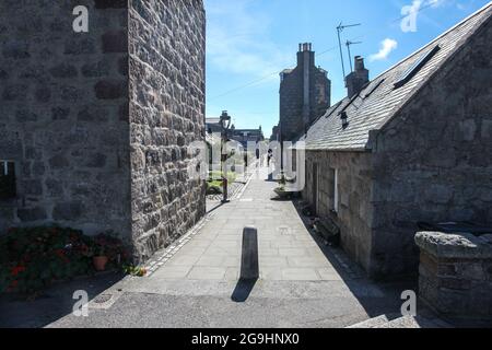 L'architettura volgare di Footdee - un villaggio di pescatori storico ad Aberdeen Harbour, Scozia. Foto Stock