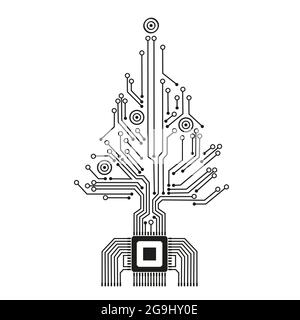 Albero di Natale dal circuito elettronico digitale. Microchip scheda madre illuminazione astratta. Illustrazione vettoriale Illustrazione Vettoriale