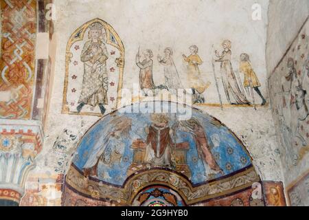 Saulcet chiesa dipinta. Pittura di parete. Allier Department, Auvergne Rhone Alpes, Francia, Europa Foto Stock