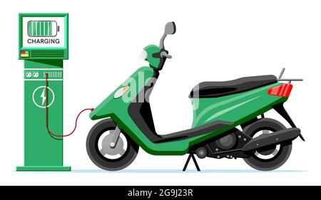Scooter elettrico e stazione di carica isolati. Illustrazione Vettoriale