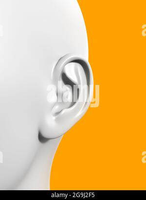 rappresentazione 3d dell'orecchio femminile su sfondo arancione, otolaringologia o concetto uditivo. Foto Stock