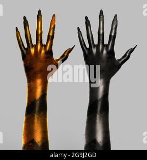 rappresentazione in 3d delle pose isolate su sfondo grigio di una creatura o di una mano di strega color oro femminile e argento. Foto Stock